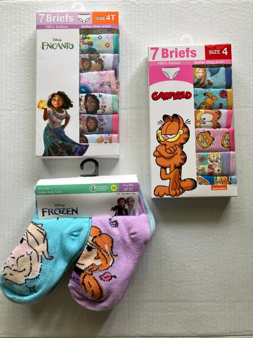 4/4T Character Underwear 14 Pair (Garfield + Encanto) & Frozen Socks Bundle